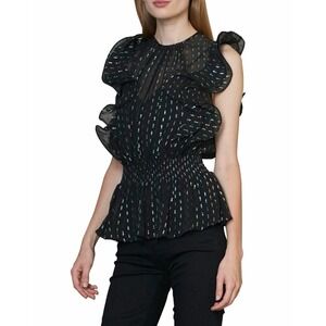 ML Monique Lhuillier Metallic Iridescent‎ Ruffle Top Blouse Smocked Waist Sz M